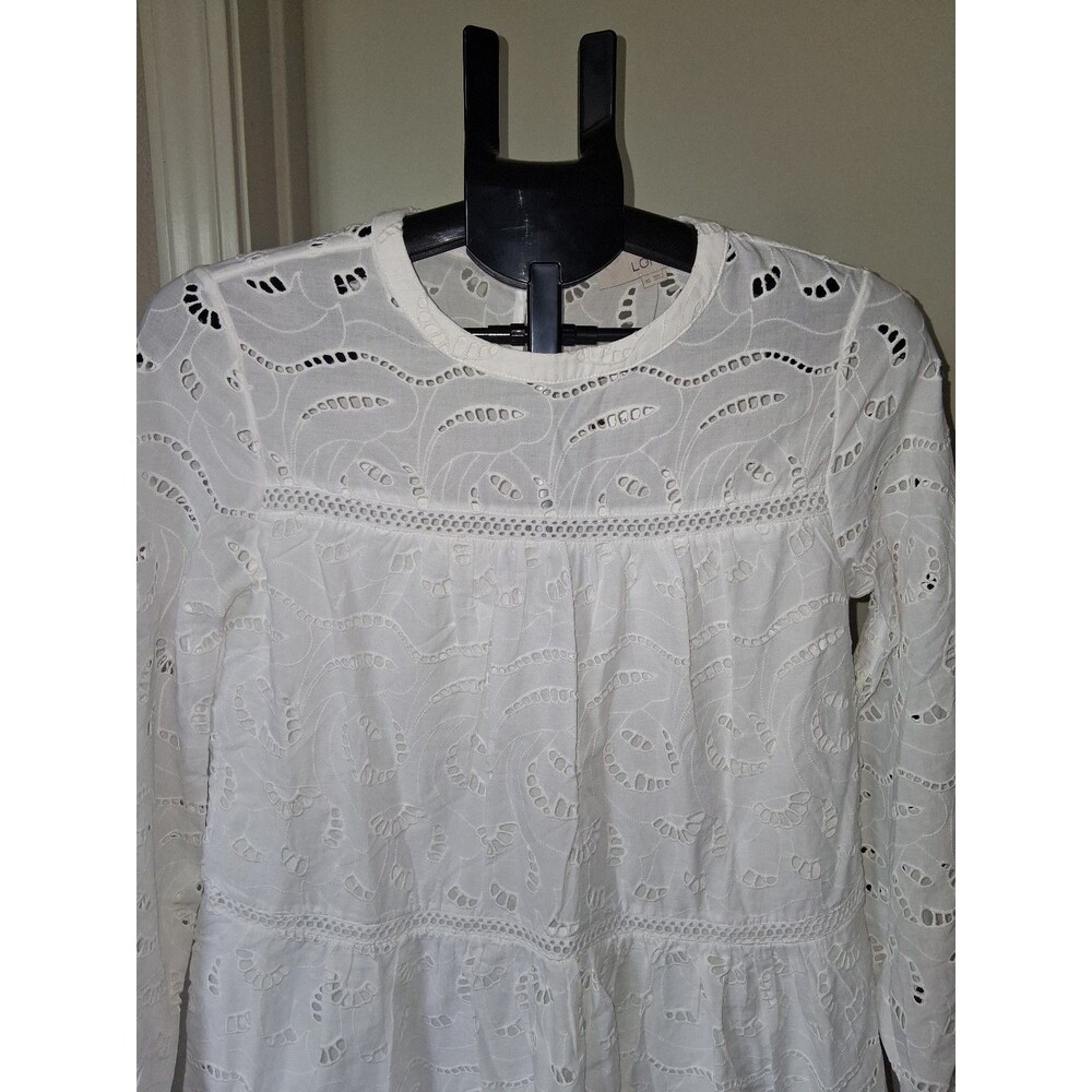 NEW! Women's LOFT Eyelet Long Sleeve Mini Tiered Swing Dress, White XS - Picture 6 of 12